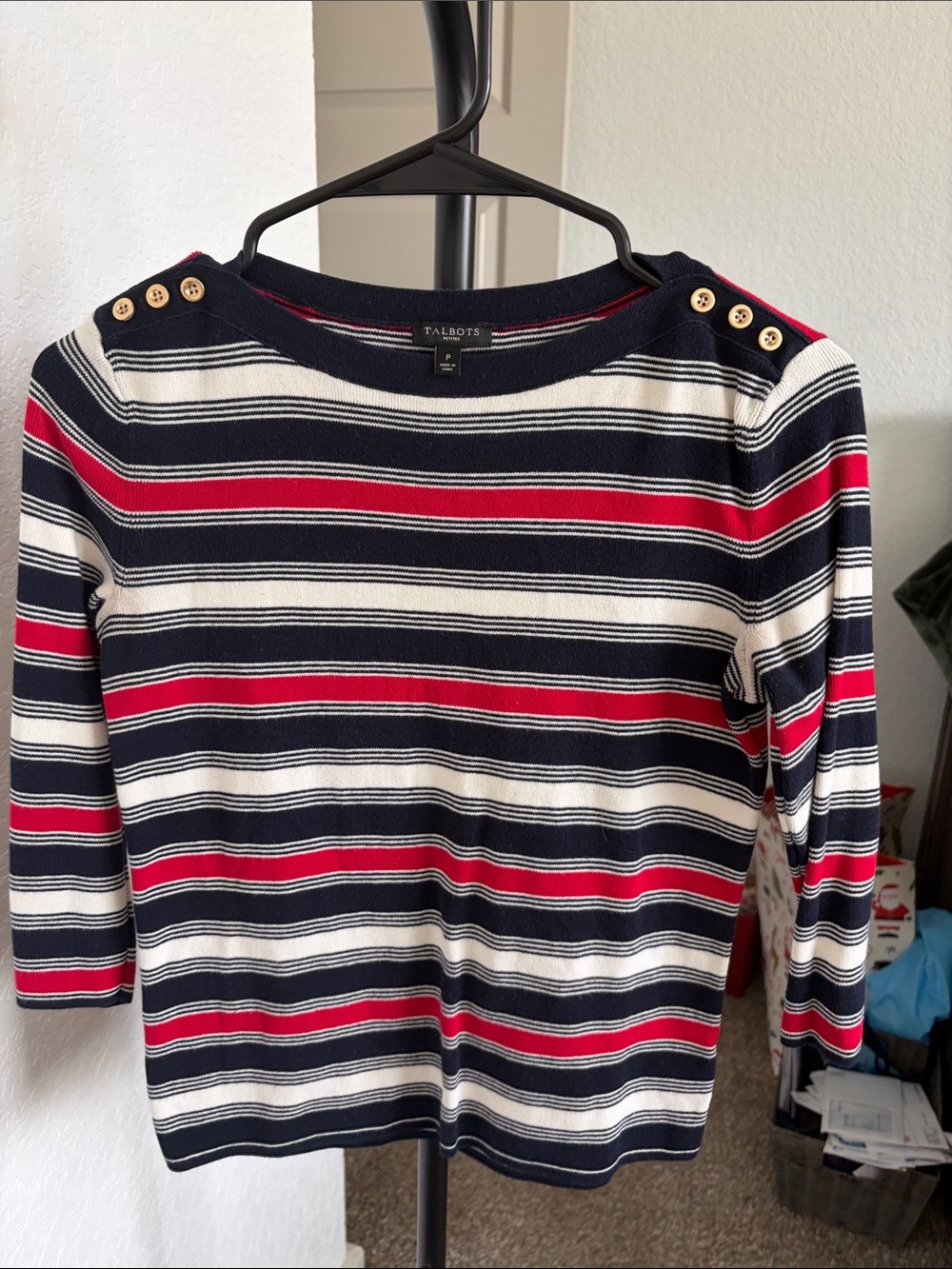 Talbots Navy, Red & White Striped Crewneck Sweater with Gold Buttons